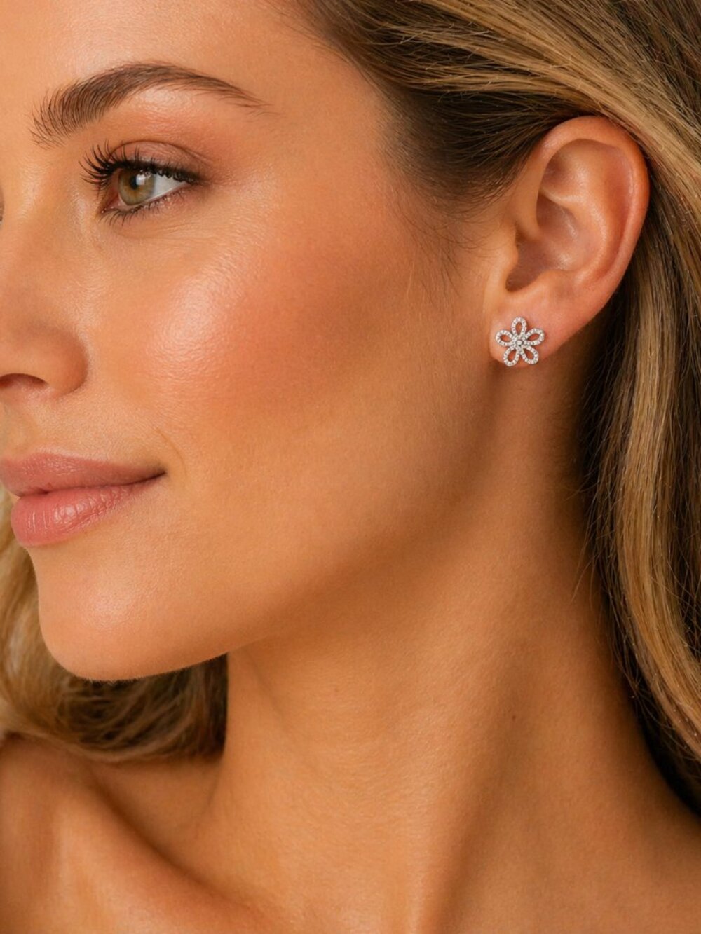 Dazzling Silvertone Rhinestone Floral Earrings